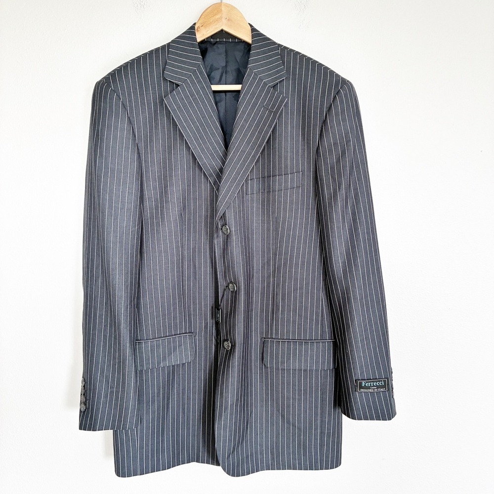 NWOT Ferrecci Pinstripe Blazer Men 38L Blue Super 150s Three Button Suit Jacket